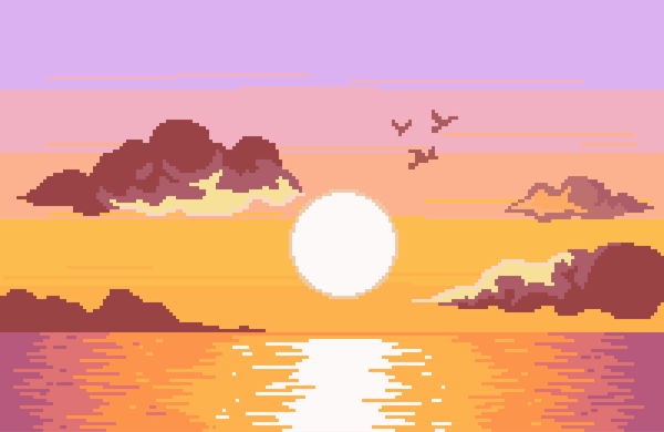 Animated pixel art sunrise over the ocean